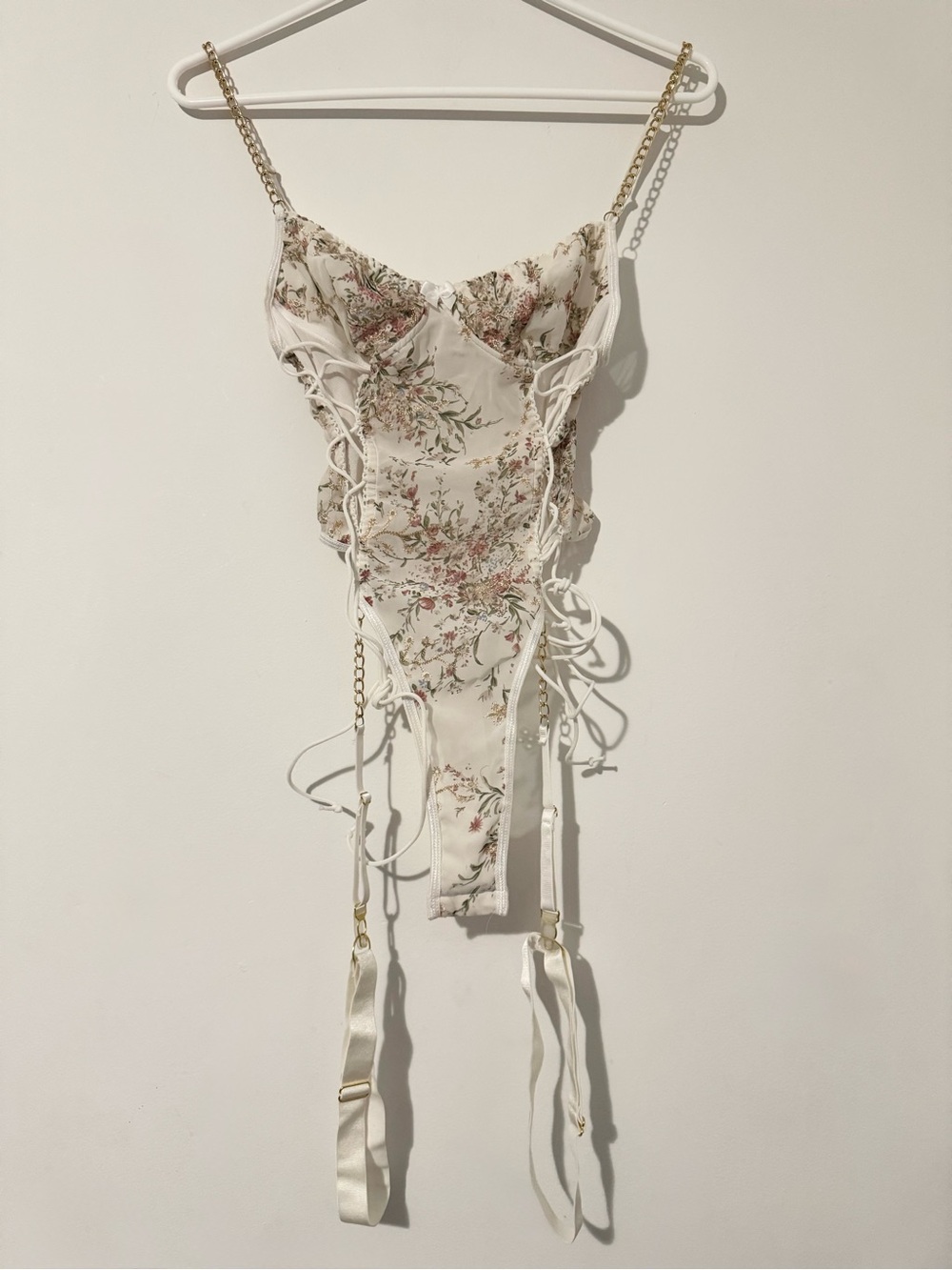 ROMWE Sheer One-Piece Floral Lingerie w/ Garters & Chain Straps
